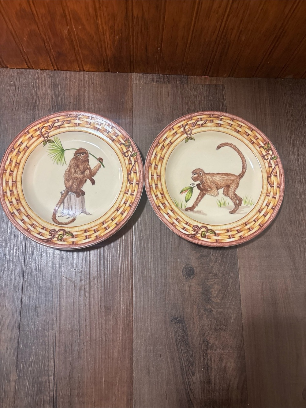 American Atelier Monkey Motif Dinner Plates - Brown and Cream